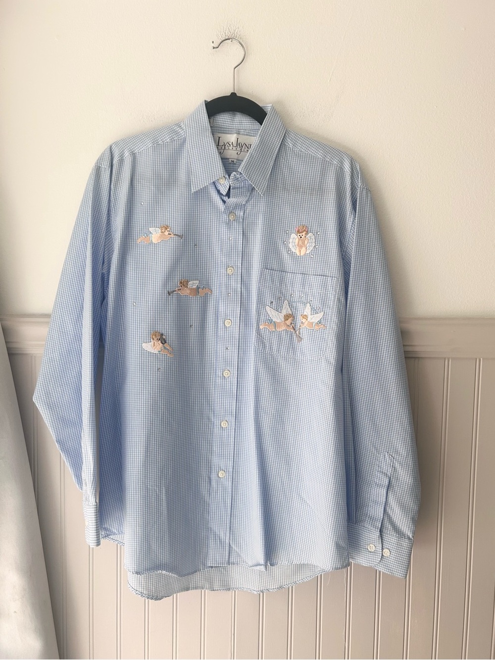 Vintage Lysa Jayne Cherub Embroidered Gingham Button Down Shirt Medium